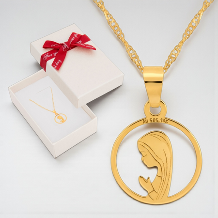 Złoty Medalik z Matką Boską Fatimską w okręgu z Łańcuszkiem Singapur próby 585 – Prezent na Chrzest, Komunię i Bierzmowanie