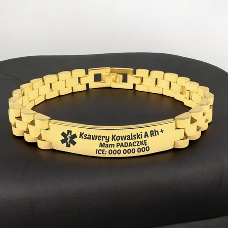 Złota Stalowa Bransoleta 20 cm z Grawerem – Luksusowy Personalizowany Prezent dla Mężczyzny, ICE, Walentynki, Dzień Ojca, Urodziny, Imieniny