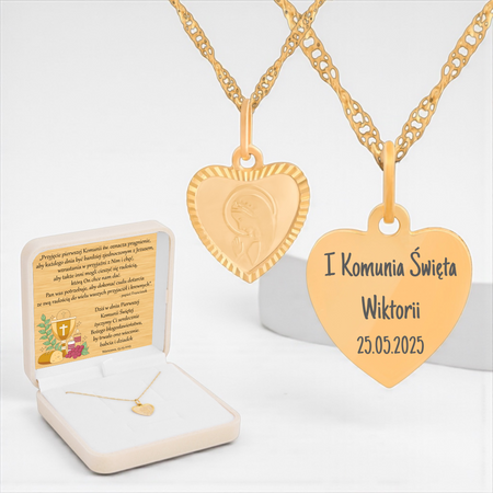 Złoty medalik serce Matka Boska Fatimska + łańcuszek Singapur 585 w kremowym pudełku z atłasem i złotą tabliczką