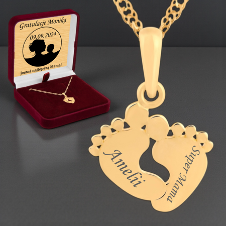 Złoty naszyjnik stópki 585 – prezent dla młodej mamy w pudełku z dedykacją