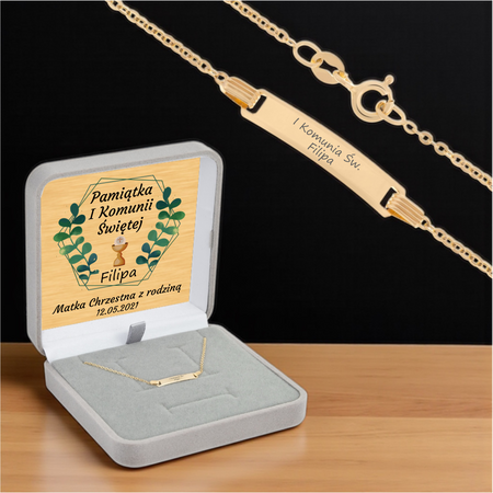 Dziecięca złota bransoletka 585 Brilantata 16 cm z grawerem w szarym pudełku welurowym z dedykacją na złotej tabliczce