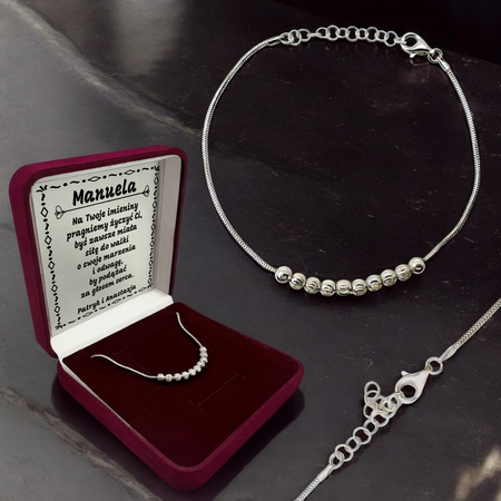 Srebrna Bransoletka 925 Żyłka z Kulkami Ozdobnymi w Pudełku z Tabliczką Dedykacyjną – Personalizowany Prezent na Urodziny, Rocznicę, Walentynki