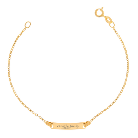 Dziecięca złota bransoletka 585 Brilantata 16 cm z grawerem w szarym pudełku welurowym z dedykacją na złotej tabliczce