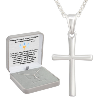 Srebrny krzyżyk z łańcuszkiem pr. 925 Pudełko z dedykacją Prezent na Komunię, na Chrzest, na Bierzmowanie
