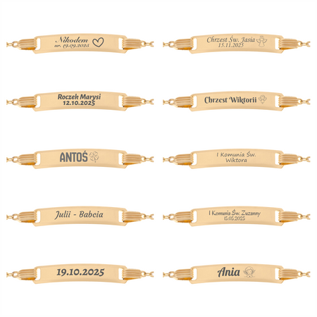 Dziecięca złota bransoletka 585 Brilantata 16 cm z grawerem w szarym pudełku welurowym z dedykacją na złotej tabliczce