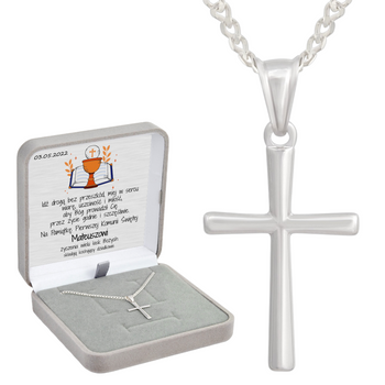 Srebrny krzyżyk z łańcuszkiem pr. 925 Pudełko z dedykacją Prezent na Komunię, na Chrzest, na Bierzmowanie