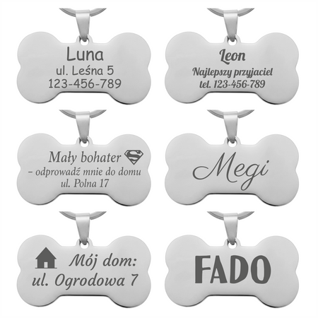 Adresówka dla psa kość srebrna stal nierdzewna personalizowana zawieszka z grawerem