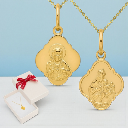 Złoty medalik Szkaplerz 585 z łańcuszkiem ankier diamentowany 45 cm w pudełku z kokardką