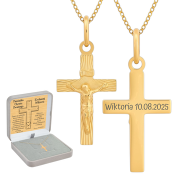Złoty krzyżyk 585 z Jezusem + łańcuszek pancerka, pudełko welurowe szare, grawer gratis