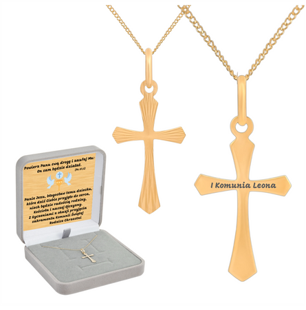 Krzyżyk z łańcuszkiem złoty pr. 585 z grawerem w pudełku welurowym z dedykacją