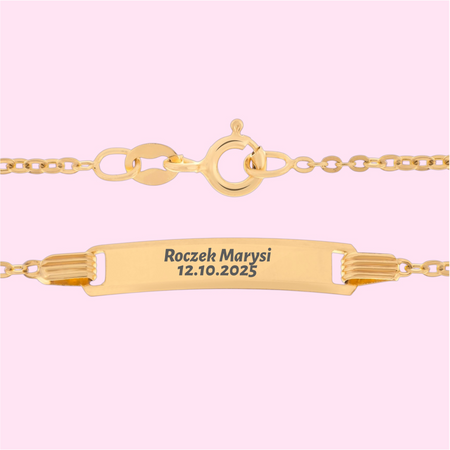 Dziecięca złota bransoletka 585 Brilantata ze splotem i blaszką grawerowaną w pudełku prezentowym