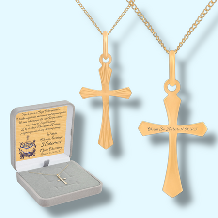 Krzyżyk z łańcuszkiem złoty pr. 585 z grawerem w pudełku welurowym z dedykacją