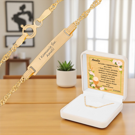 Dziecięca złota bransoletka 585 z grawerem 16 cm 1,2 g w kremowym pudełku welurowym z dedykacją
