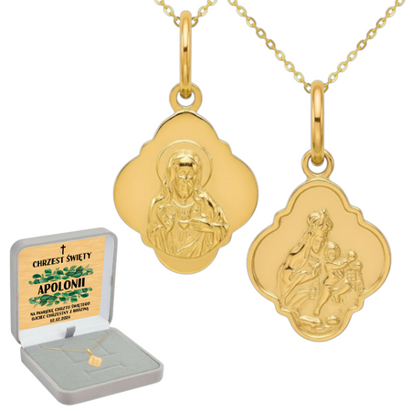 Złoty medalik Szkaplerz 585 z łańcuszkiem ankier diamentowany w szarym pudełku z dedykacją