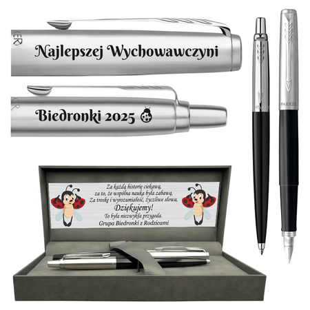 Personalizowany Zestaw Parker Długopis i Pióro Wieczne Czarne Jotter w Pudełku z Dedykacją – Prezent dla Nauczyciela, Maturzysty na Zakończenie Roku Szkolnego, Dzień Nauczyciela, Boże Narodzenie i Prezent Biznesowy