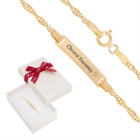Dziecięca złota bransoletka 585 z blaszką grawerowaną 16 cm 1,2 g w pudełku prezentowym