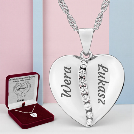 Romantyczny naszyjnik serce srebrne z cyrkoniami, grawer i dedykacja na tabliczce