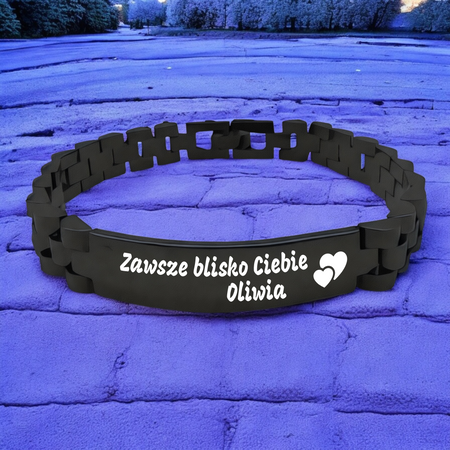 Czarna Stalowa Bransoleta 20 cm z Grawerem – Unikatowy Personalizowany Prezent dla Mężczyzny, ICE, Walentynki, Dzień Ojca, Urodziny, Imieniny 
