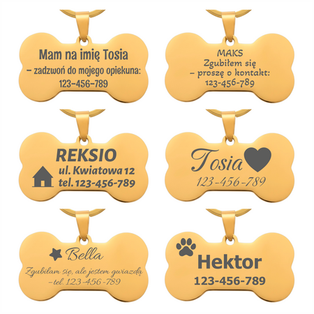 Adresówka dla psa złota kość stal nierdzewna personalizowana zawieszka z grawerem