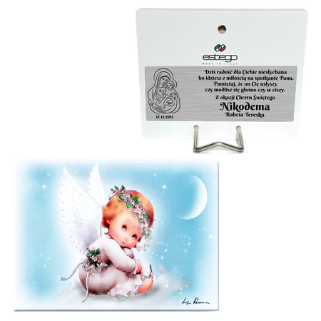 Obrazek malowany na drewnie - Twój Anioł Stróż z dedykacją na Chrzest, Pierwszą Komunię, Narodziny - Prezent Religijny dla Dziecka