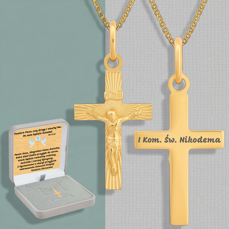 Złoty krzyżyk 585 z Jezusem + łańcuszek pancerka, pudełko welurowe szare, grawer gratis