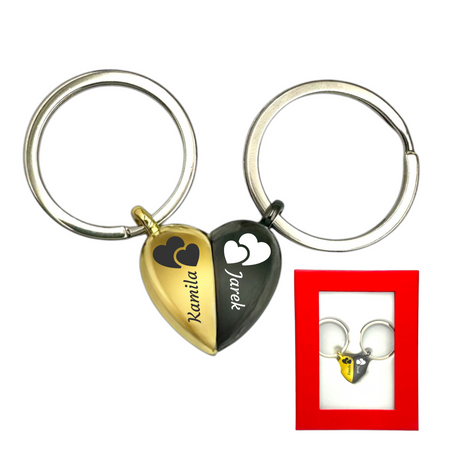 Breloki dla Par - Czarno-Złote Serce Magnetyczne z Grawerem GRATIS, Prezent w Eleganckim Pudełku na Walentynki, Rocznicę i Urodziny