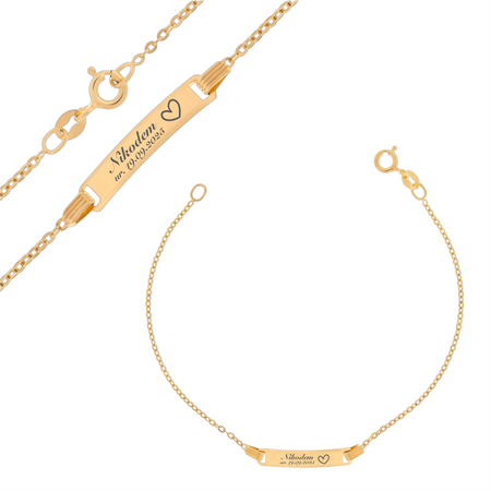 Dziecięca złota bransoletka pr. 585 Brilantata 16 cm 1,1 g z blaszką i grawerem – idealna na chrzest, roczek, komunię