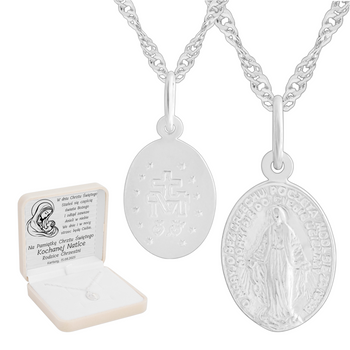 Zestaw srebrny: medalik Matka Boska + łańcuszek + kremowe pudełko + tabliczka z grawerem