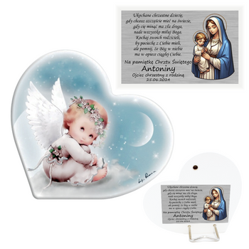 Obrazek malowany na drewnie Twój Anioł Stróż Serce Dedykacja 11x10 cm Prezent na Chrzest