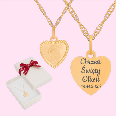 Złoty medalik serce Matka Boska Fatimska + łańcuszek Singapur 585 w pudełku z kokardką