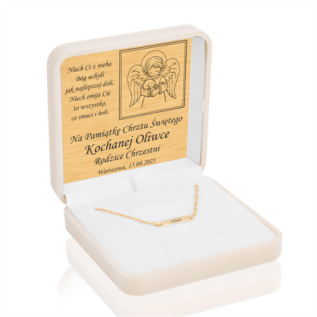 Dziecięca złota bransoletka 585 z grawerem 16 cm 1,2 g w kremowym pudełku welurowym z dedykacją