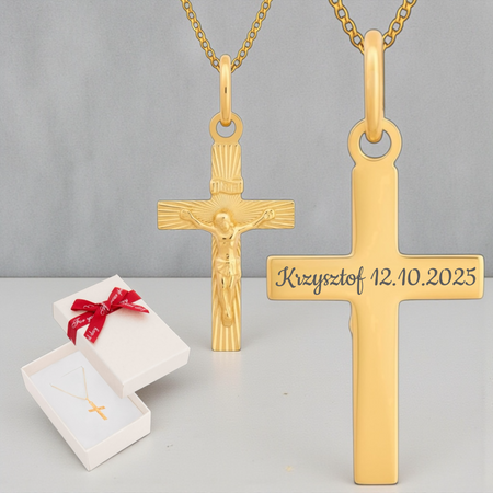 Złoty krzyżyk diamentowany 585 z Jezusem + łańcuszek pancerka 50 cm, pudełko białe, grawer gratis