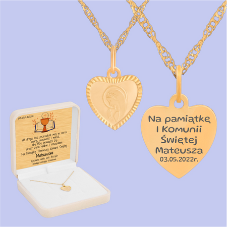 Złoty medalik serce Matka Boska Fatimska + łańcuszek Singapur 585 w kremowym pudełku z atłasem i złotą tabliczką