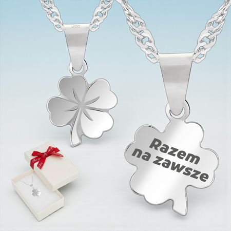 Srebrny naszyjnik koniczynka 925 z grawerem – łańcuszek singapur + pudełko prezentowe