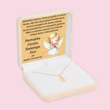 Złoty Medalik 585 z Matką Boską Fatimską w Okręgu – Łańcuszek Singapur w Pudełku z Dedykacją