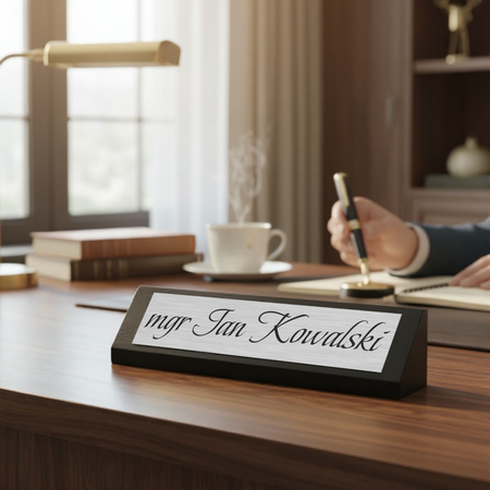 Drewniana podstawka z srebrną tabliczką – elegancki dodatek biurkowy z dedykacją