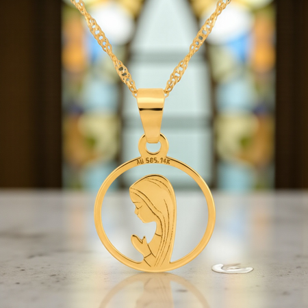 Złoty Medalik 585 Matka Boska Fatimska z Łańcuszkiem Singapur – Biżuteria w Pudełku z Dedykacją
