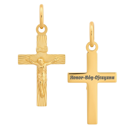 Złoty krzyżyk diamentowany z Jezusem próba 585 (14k) 28×13 mm z grawerem na rewersie
