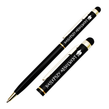 Personalizowany prezent dla Ucznia, Absolwenta, Pracownika, Gadżet Reklamowy z Logo - Długopis z Grawerem Czarny GOLD Touch Tip