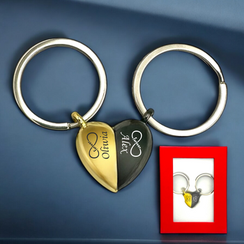 Breloki dla Par - Czarno-Złote Serce Magnetyczne z Grawerem GRATIS, Prezent w Eleganckim Pudełku na Walentynki, Rocznicę i Urodziny