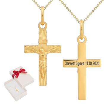 Złoty krzyżyk diamentowany z Jezusem próba 585 z łańcuszkiem ankier i pudełkiem z kokardką + grawer gratis