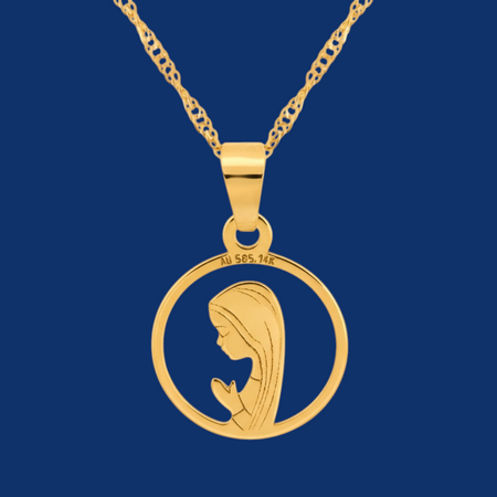 Złoty Medalik z Matką Boską Fatimską w okręgu z Łańcuszkiem Singapur próby 585 – Prezent na Chrzest, Komunię i Bierzmowanie