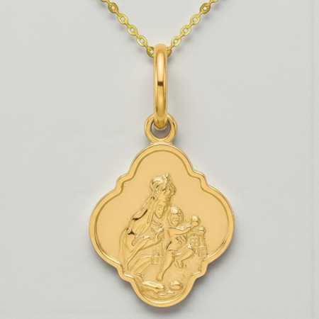 Złoty medalik Szkaplerz 585 z łańcuszkiem ankier diamentowany w szarym pudełku z dedykacją