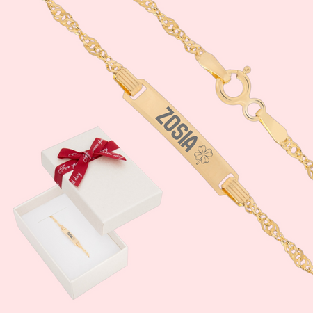 Dziecięca złota bransoletka 585 z blaszką grawerowaną 16 cm 1,2 g w pudełku prezentowym
