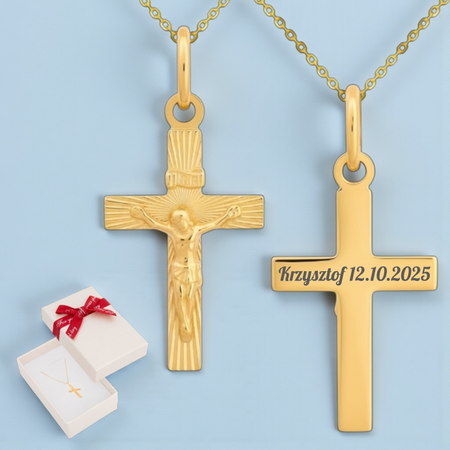 Złoty krzyżyk diamentowany z Jezusem próba 585 z łańcuszkiem ankier i pudełkiem z kokardką + grawer gratis