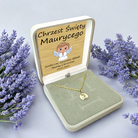 Złoty Medalik 585 z Matką Boską – Łańcuszek Singapur z Grawerem w Pudełku z Dedykacją
