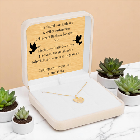 Złoty medalik serce Matka Boska Fatimska + łańcuszek Singapur 585 w kremowym pudełku z atłasem i złotą tabliczką