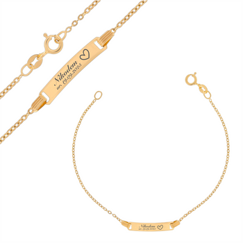 Dziecięca złota bransoletka pr. 585 Brilantata 16 cm 1,1 g z blaszką i grawerem – idealna na chrzest, roczek, komunię