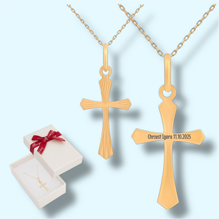 Krzyżyk z łańcuszkiem ankier diamentowany złoty pr. 585 45 cm w pudełku z kokardką złoty pr. 585 – łańcuszek cienka pancerka 50 cm i krzyżyk z grawerem w pudełku