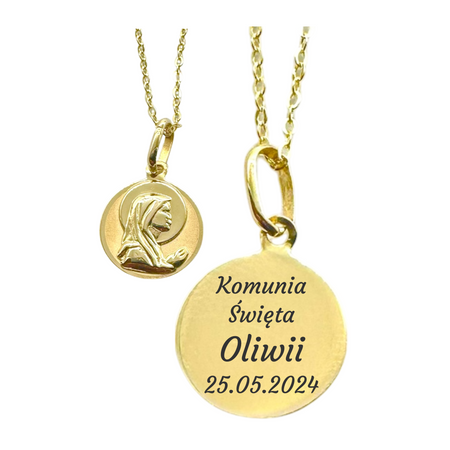 Złoty Medalik 585 Matka Boska z Grawerem – Łańcuszek Ankier w Pudełku z Personalizacją